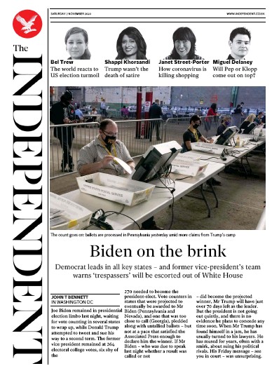 The Independent Newspaper Front Page for 7 November 2020