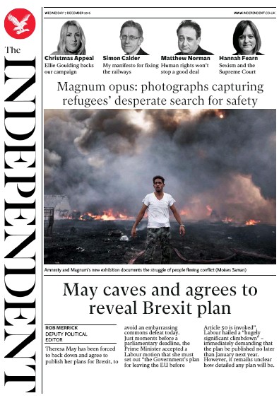 The Independent Newspaper Front Page for 7 December 2016