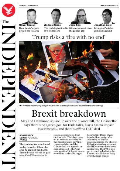 The Independent Newspaper Front Page for 7 December 2017