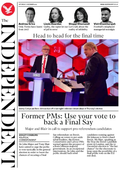 The Independent Newspaper Front Page for 7 December 2019