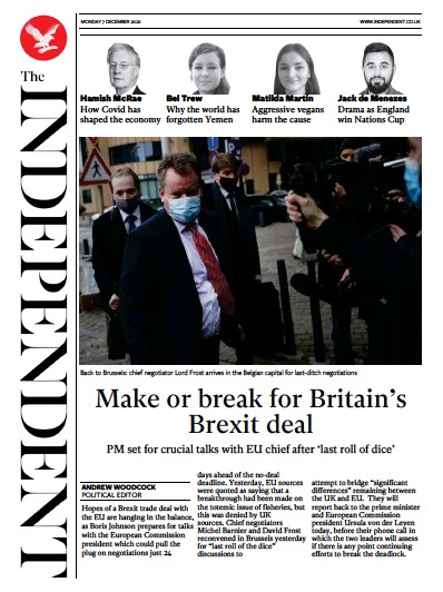 The Independent Newspaper Front Page for 7 December 2020