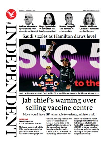 The Independent (UK) Newspaper Front Page for 7 December 2021
