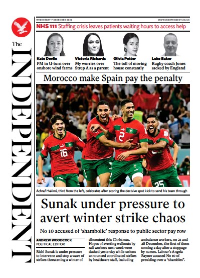 The Independent (UK) Newspaper Front Page for 7 December 2022