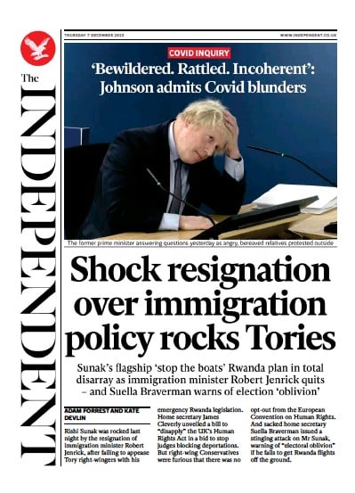 The Independent (UK) Newspaper Front Page for 7 December 2023