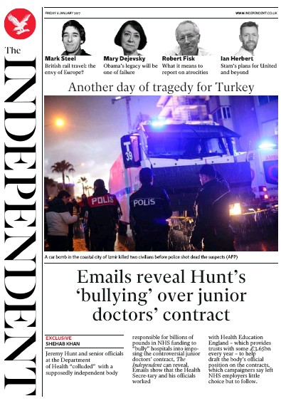 The Independent (UK) Newspaper Front Page for 7 January 2017