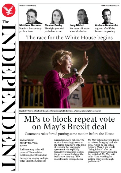 The Independent Newspaper Front Page for 7 January 2019