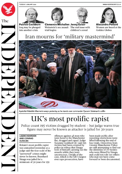 The Independent Newspaper Front Page for 7 January 2020