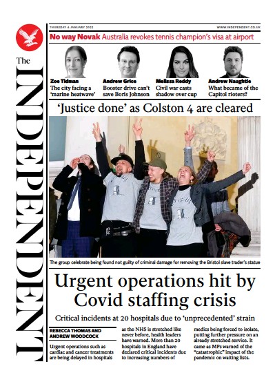The Independent (UK) Newspaper Front Page for 7 January 2022