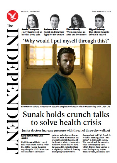 The Independent (UK) Newspaper Front Page for 7 January 2023