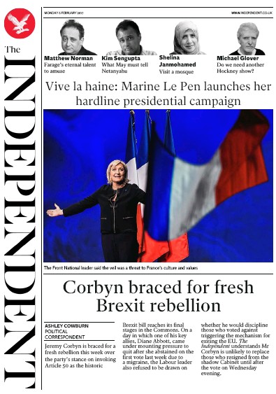 The Independent Newspaper Front Page for 7 February 2017