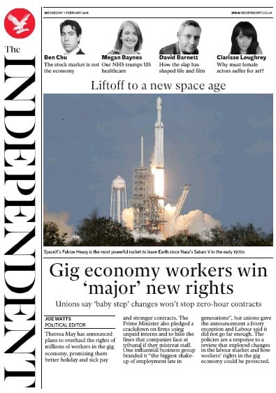 The Independent Newspaper Front Page for 7 February 2018