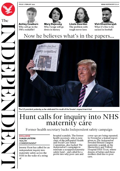 The Independent Newspaper Front Page for 7 February 2020