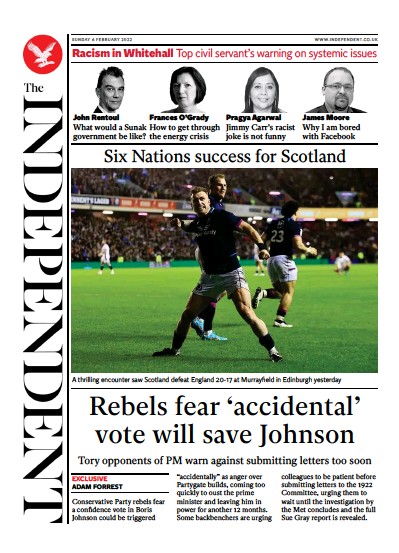 The Independent Newspaper Front Page for 7 February 2022