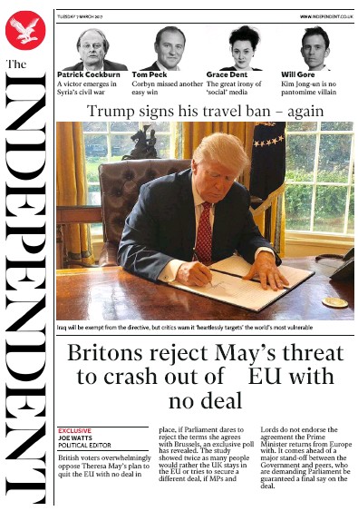 The Independent Newspaper Front Page for 7 March 2017