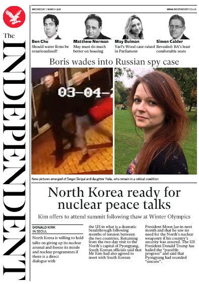 The Independent Newspaper Front Page for 7 March 2018