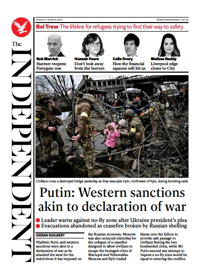 The Independent (UK) Newspaper Front Page for 7 March 2022