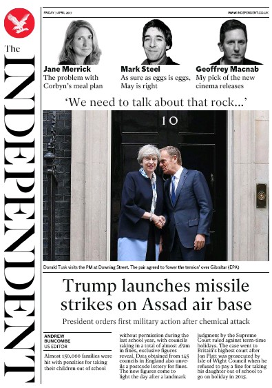 The Independent (UK) Newspaper Front Page for 7 April 2017