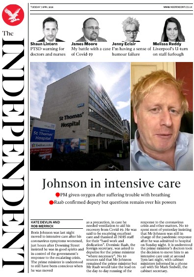The Independent Newspaper Front Page for 7 April 2020