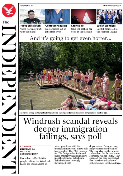 The Independent Newspaper Front Page for 7 May 2018