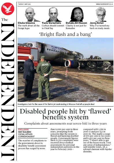 The Independent Newspaper Front Page for 7 May 2019
