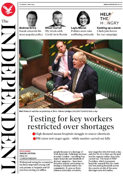 The Independent Newspaper Front Page for 7 May 2020
