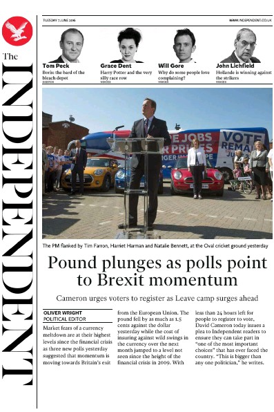 The Independent (UK) Newspaper Front Page for 7 June 2016