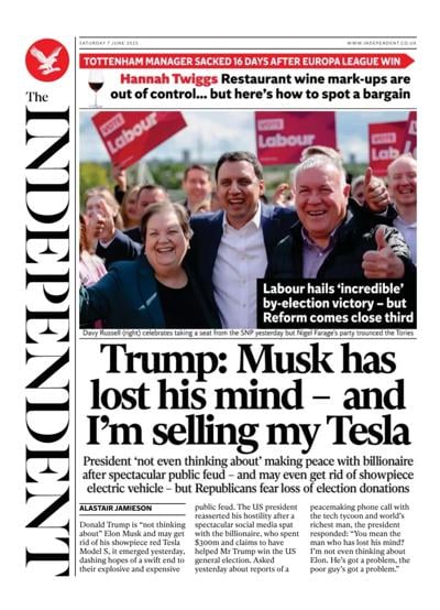 The Independent (UK) Newspaper Front Page for 7 June 2025