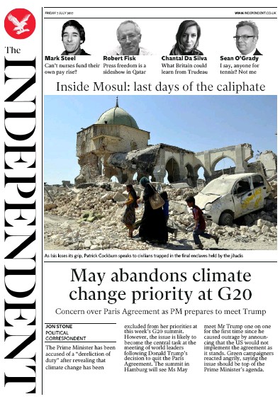 The Independent Newspaper Front Page for 7 July 2017