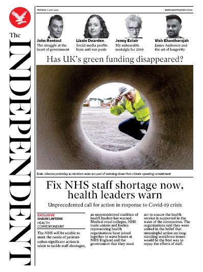 The Independent Newspaper Front Page for 7 July 2020