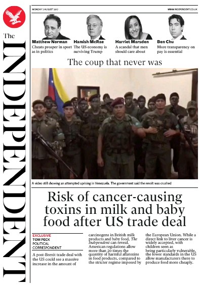 The Independent Newspaper Front Page for 7 August 2017