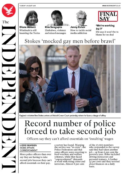 The Independent Newspaper Front Page for 7 August 2018