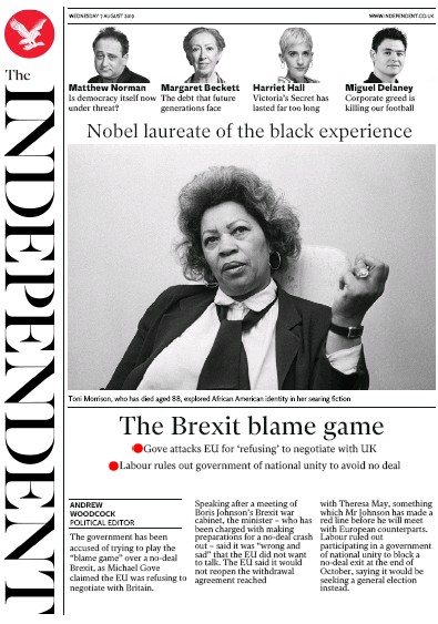 The Independent (UK) Newspaper Front Page for 7 August 2019