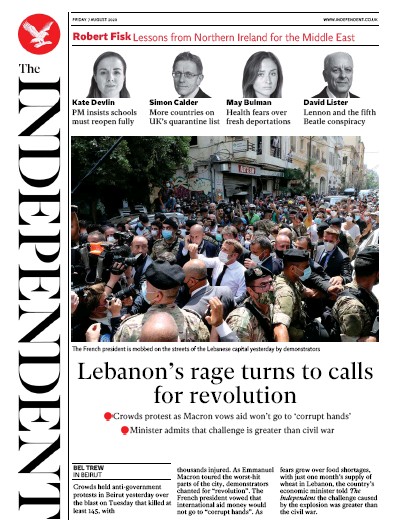 The Independent Newspaper Front Page for 7 August 2020
