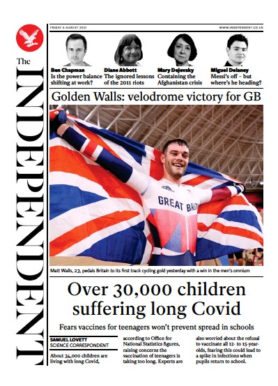 The Independent (UK) Newspaper Front Page for 7 August 2021