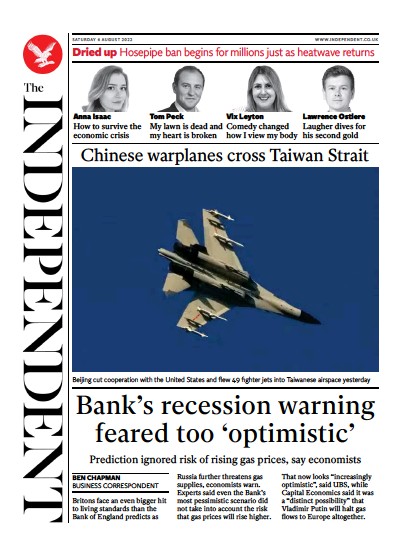The Independent (UK) Newspaper Front Page for 7 August 2022
