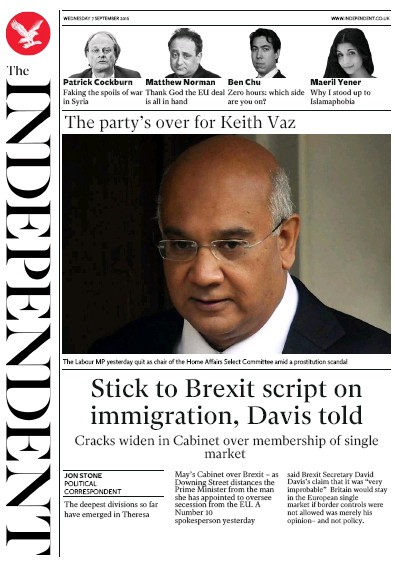 The Independent Newspaper Front Page for 7 September 2016