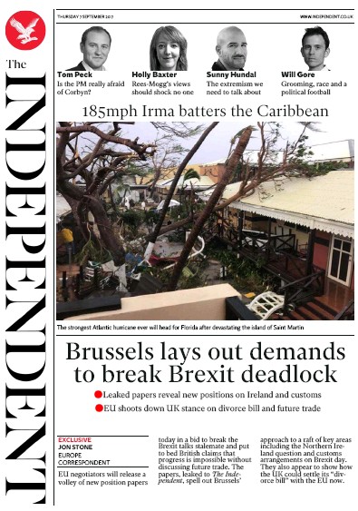 The Independent (UK) Newspaper Front Page for 7 September 2017