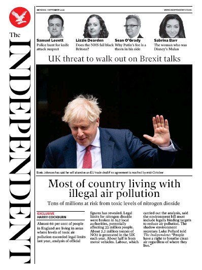 The Independent Newspaper Front Page for 7 September 2020