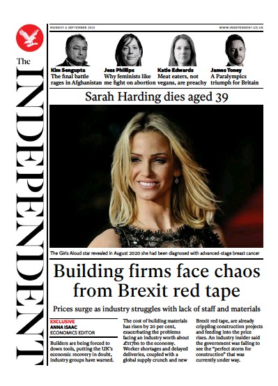 The Independent (UK) Newspaper Front Page for 7 September 2021