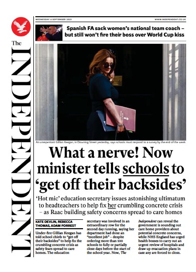 The Independent (UK) Newspaper Front Page for 7 September 2023