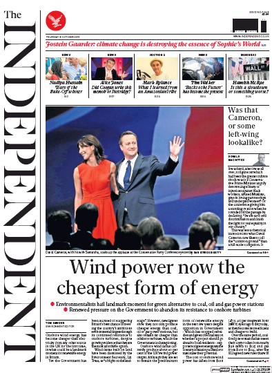 The Independent Newspaper Front Page for 8 October 2015
