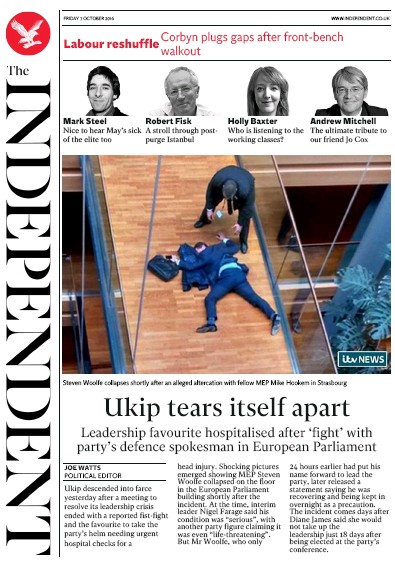 The Independent (UK) Newspaper Front Page for 8 October 2016