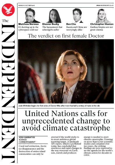 The Independent Newspaper Front Page for 8 October 2018