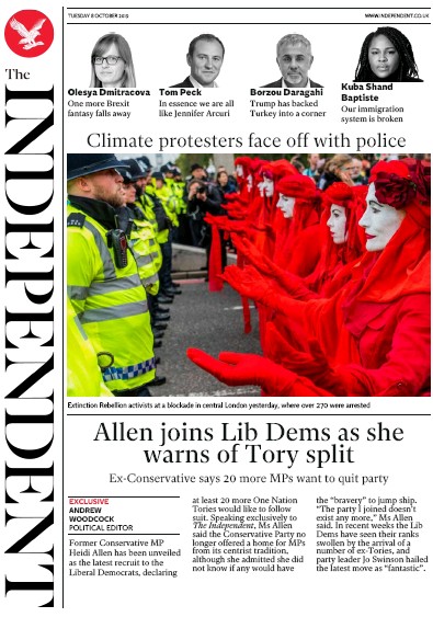 The Independent Newspaper Front Page for 8 October 2019