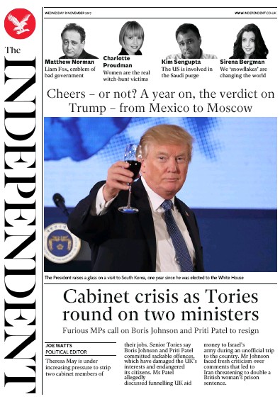 The Independent Newspaper Front Page for 8 November 2017