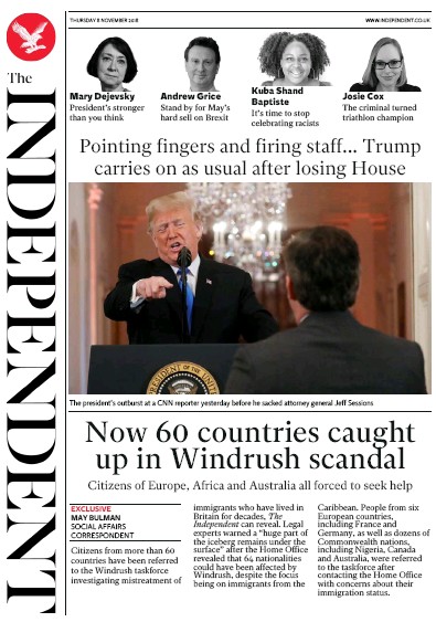 The Independent (UK) Newspaper Front Page for 8 November 2018