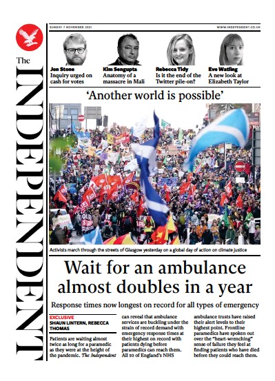 The Independent (UK) Newspaper Front Page for 8 November 2021