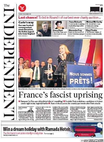 The Independent (UK) Newspaper Front Page for 8 December 2015
