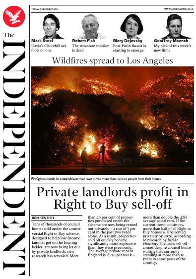The Independent (UK) Newspaper Front Page for 8 December 2017