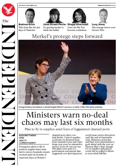 The Independent Newspaper Front Page for 8 December 2018